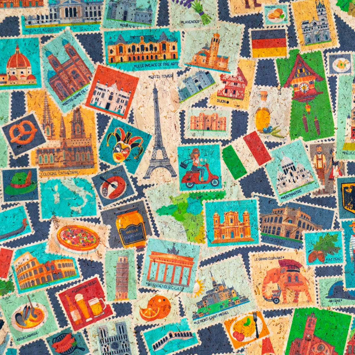 Impression de timbres de monuments européens sur tissu en liège COF-498