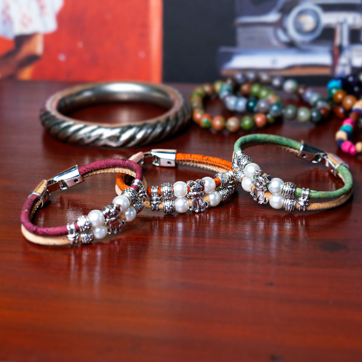 3MM rRound Colorful Cork Cord w/ Dog Alloy Accessories Handmade Women's Bracelet  BR-443-MIX-5