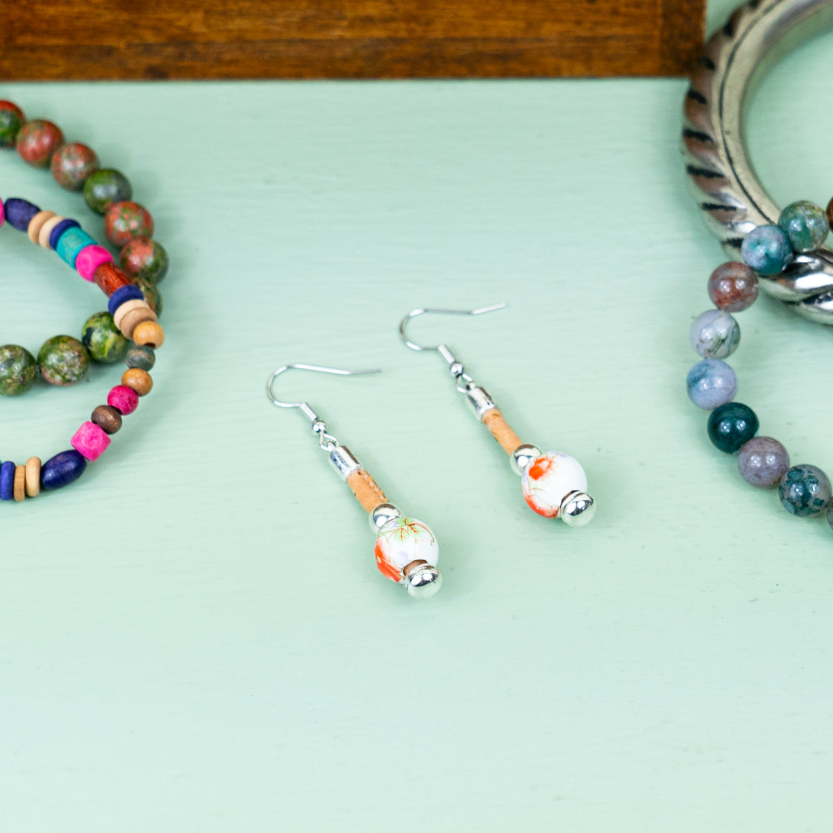 Natural Handmade Cork w/ Colorful Ceramic Beads Earrings for Women ER-171-MIX-5