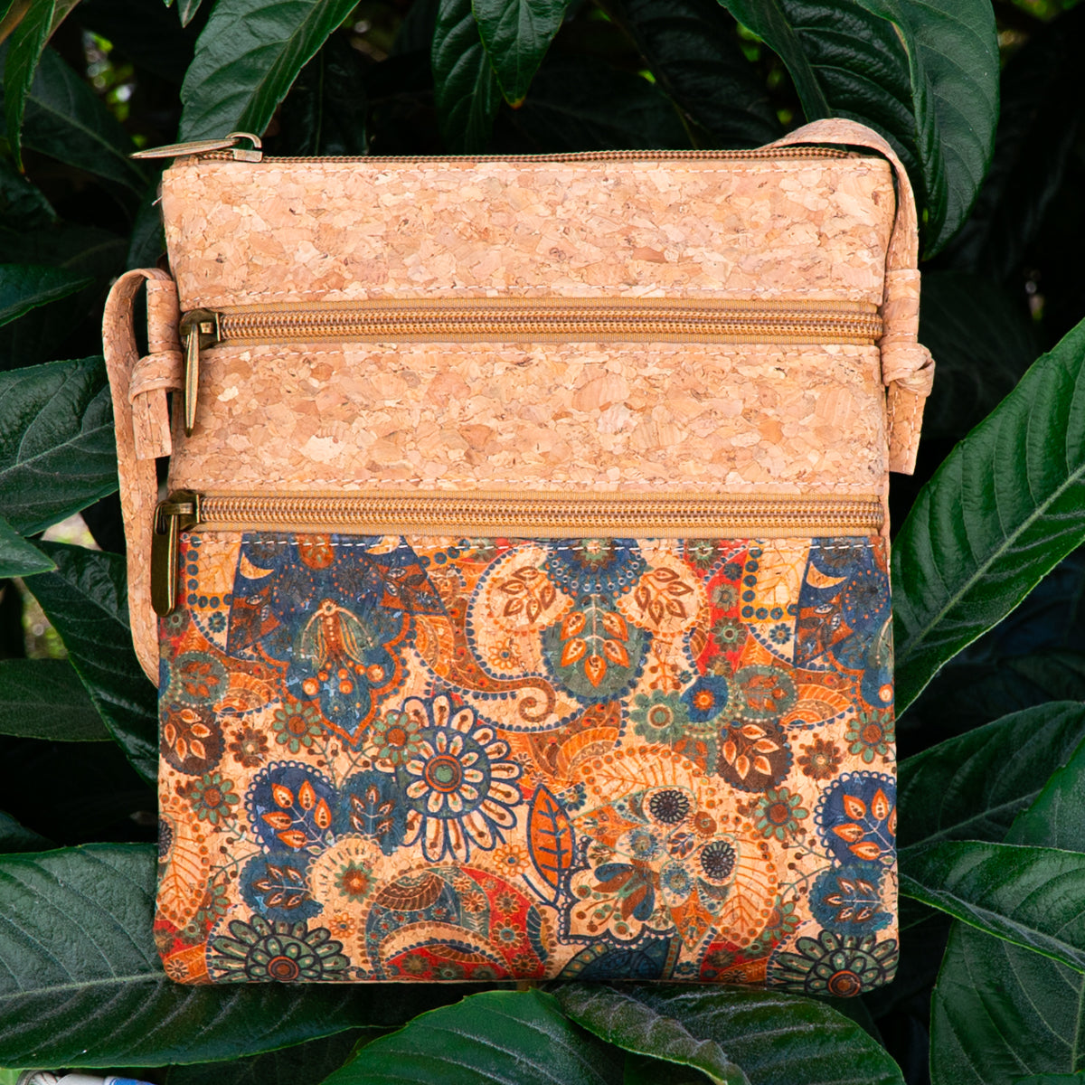 Natural Cork w/ Patterned Double Zipper Crossbody Bag | THE CORK COLLECTION