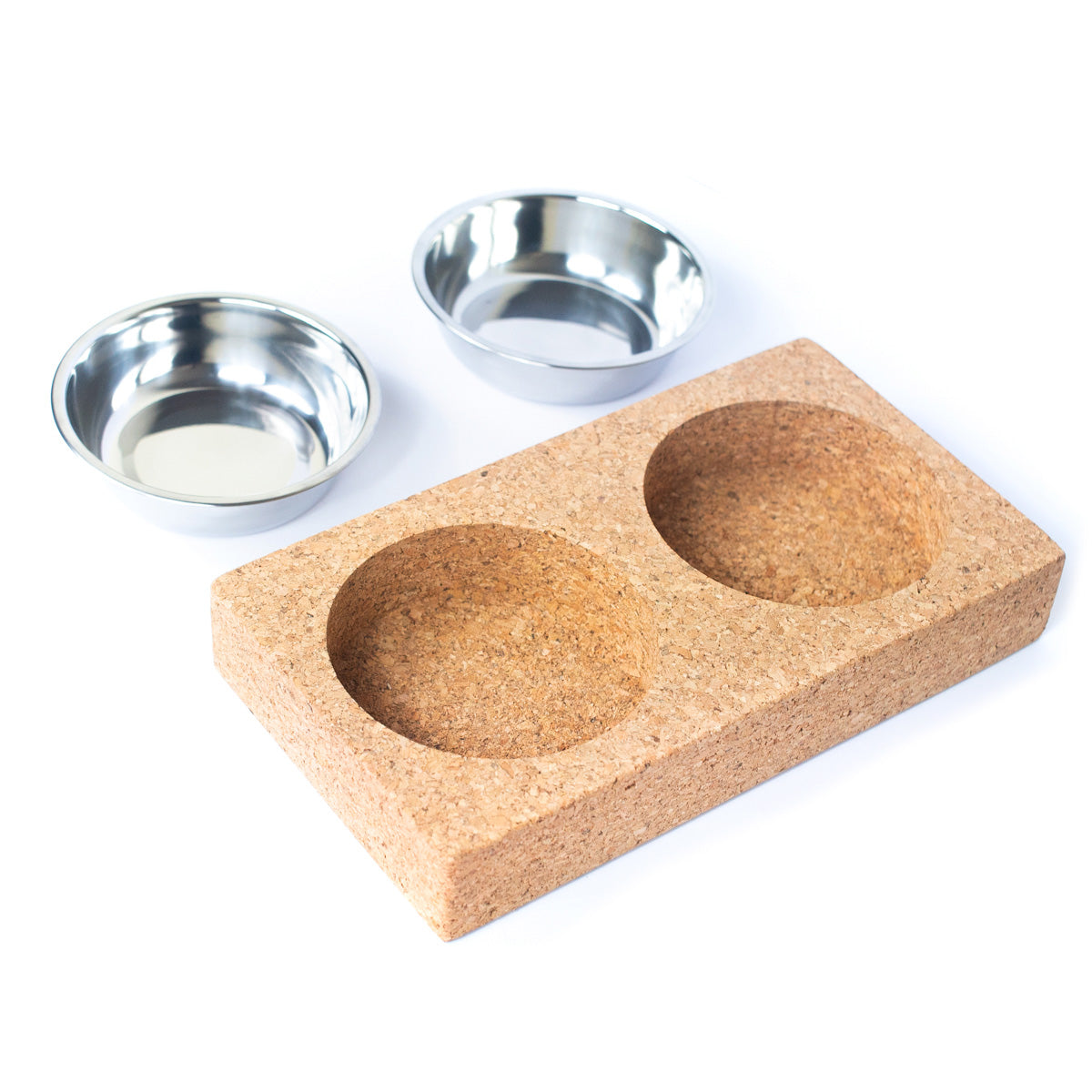 Cork Base & Stainless Steel Double Bowl Pet Food Dish | THE CORK COLLECTION