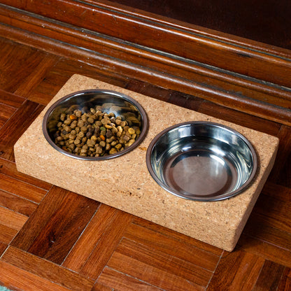 Cork Base & Stainless Steel Double Bowl Pet Food Dish | THE CORK COLLECTION