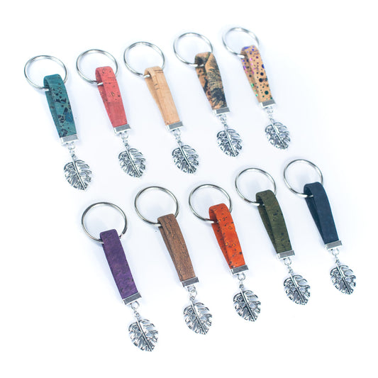 Fil de liège de couleur naturelle et pendentif en feuilles, porte-clés en liège fait à la main I-055-MIX-10