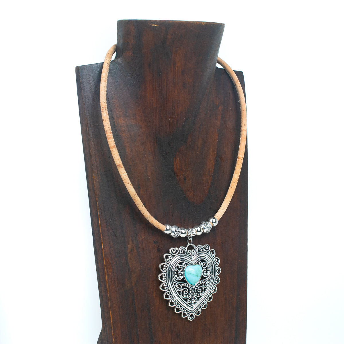 5MM round natural cork with heart handmade women's cork necklace N-316-5