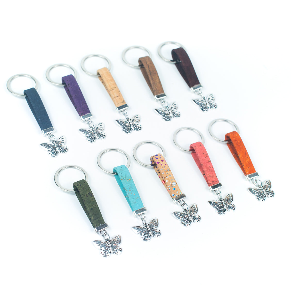 Cordon plat en liège de couleur naturelle de 10MM et pendentif papillon, porte-clés en liège fait à la main I-03-A-MIX-10