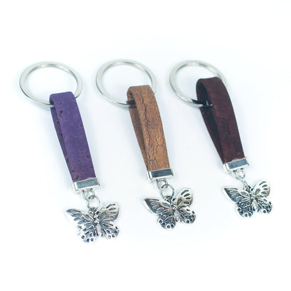 10MM flat natural colored cork cord and butterfly pendant handmade cork keychain  I-03-A-MIX-10