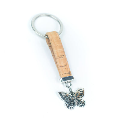 10MM flat natural colored cork cord and butterfly pendant handmade cork keychain  I-03-A-MIX-10