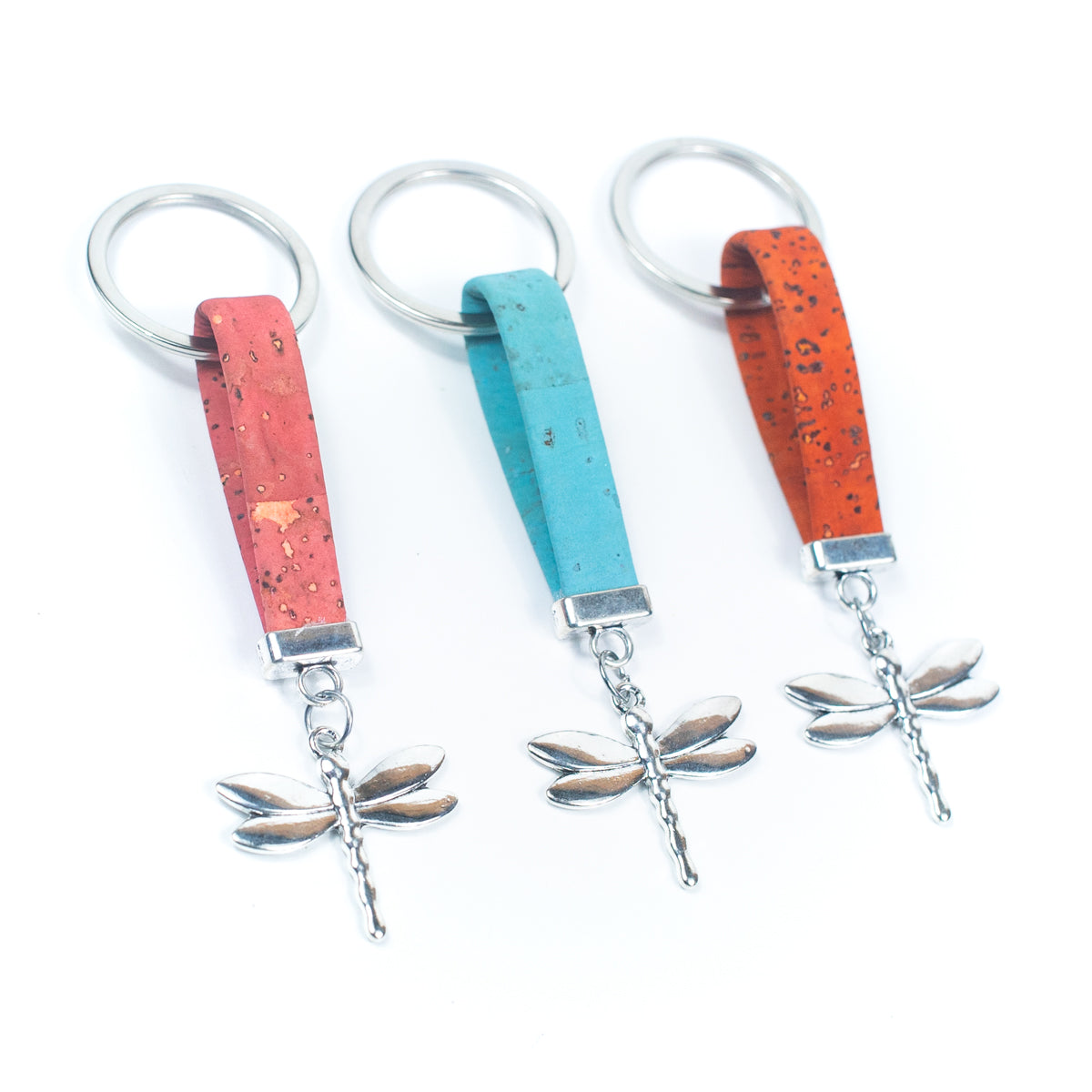Cordon plat en liège de couleur naturelle de 10MM et pendentif libellule porte-clés en liège fait à la main I-03-B-MIX-10