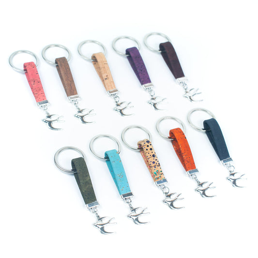 10MM flat natural colored cork cord and bird pendant handmade cork keychain  I-03-C-MIX-10