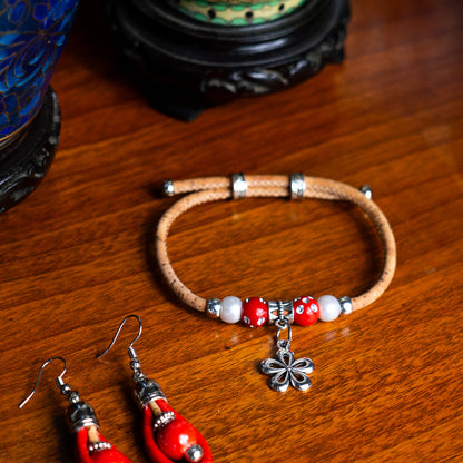 Bracelet fabriqué à la main avec fil de liège naturel et perles de porcelaine BR-482-MIX-10