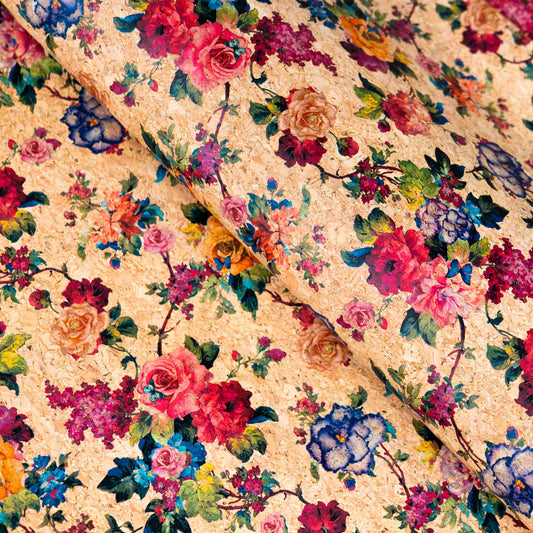 Vibrant Rose Garden Multicolored Floral Cork Fabric COF-509