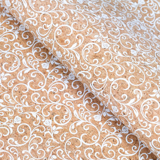 Baroque Elegance White Scrollwork & Rose Pattern Cork Fabric COF-508