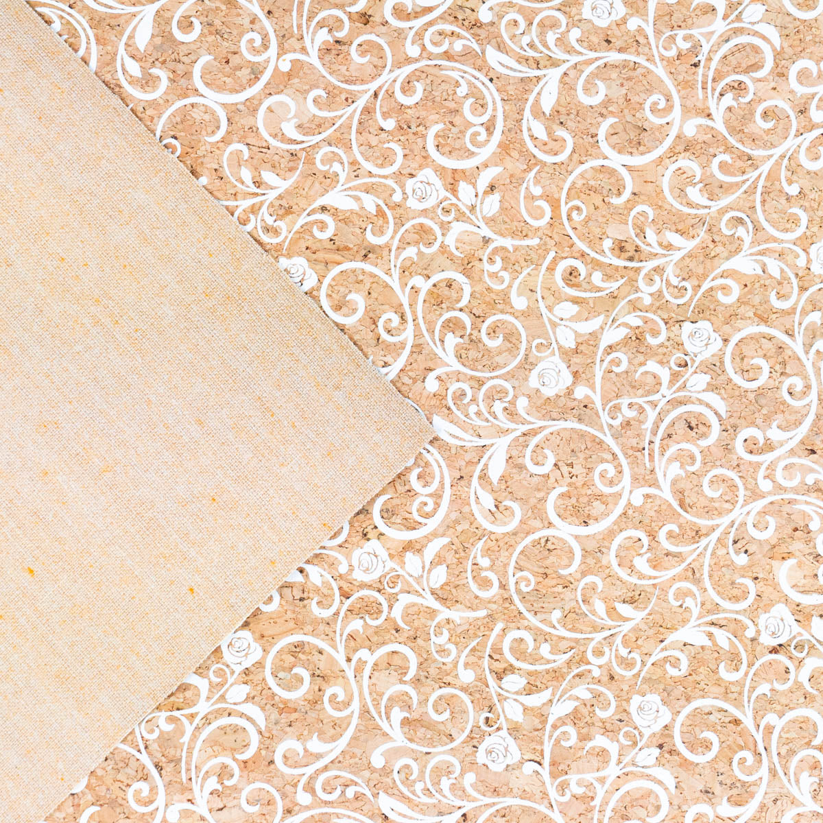 Baroque Elegance White Scrollwork & Rose Pattern Cork Fabric COF-508