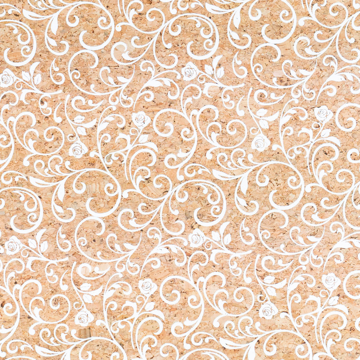 Tissu en liège à motif de volutes blanches et de roses, élégance baroque, COF-508