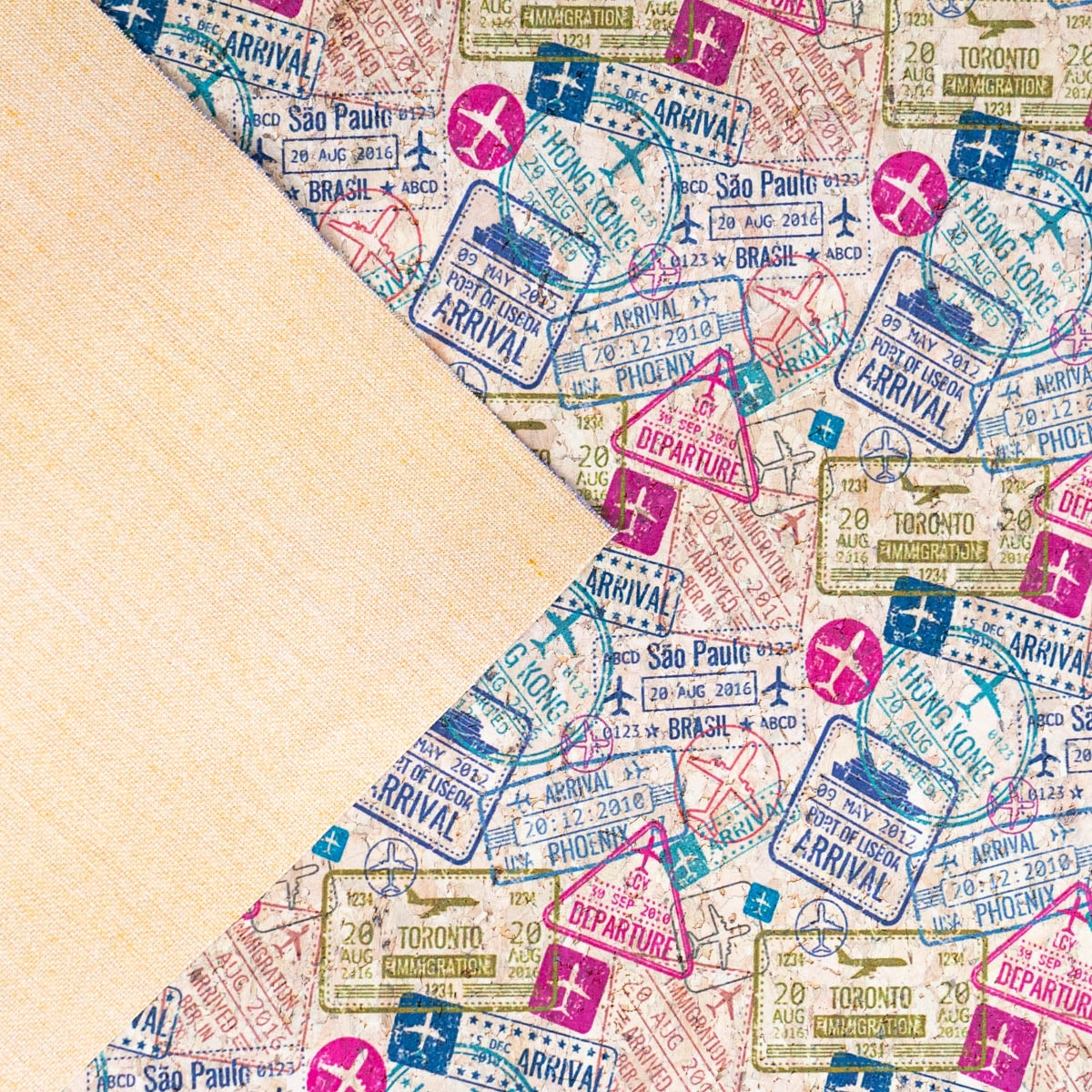 Global Explorer Passport Stamp Pattern Cork Fabric COF-507