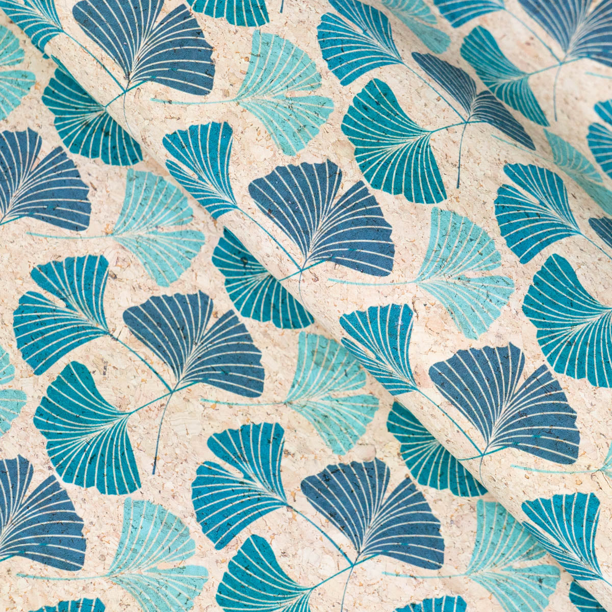 Gingko Biloba Leaf Pattern in Teal & Green on Cork Fabric COF-505
