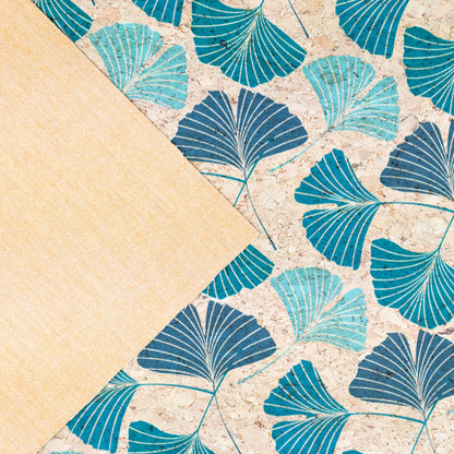 Gingko Biloba Leaf Pattern in Teal & Green on Cork Fabric COF-505