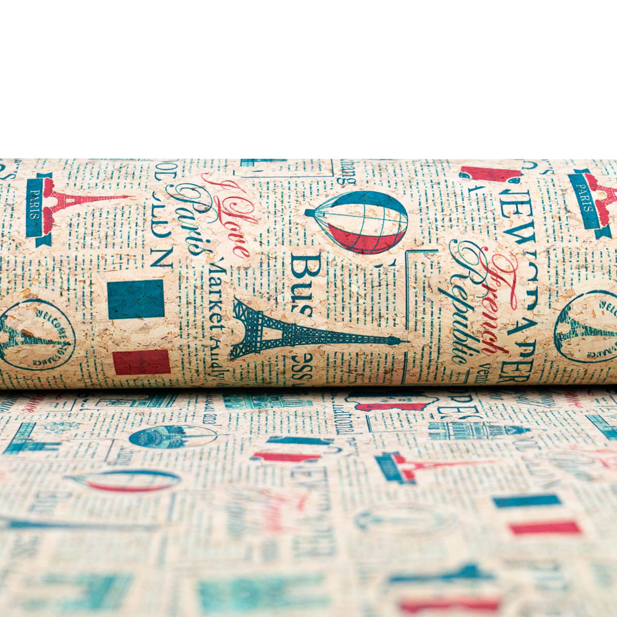 Vintage Newspaper French Landmarks Pattern on Cork Fabric COF-504