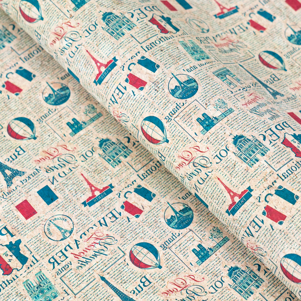 Vintage Newspaper French Landmarks Pattern on Cork Fabric COF-504