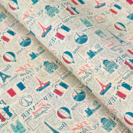 Motif de monuments français de journal vintage sur tissu en liège COF-504