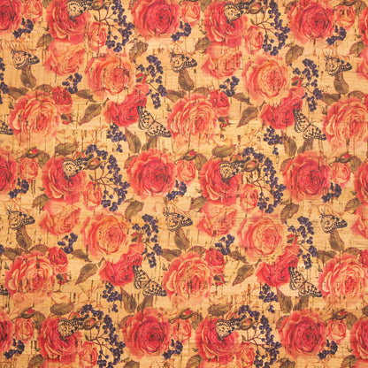 Red big rose pattern cork leather fabric COF-264