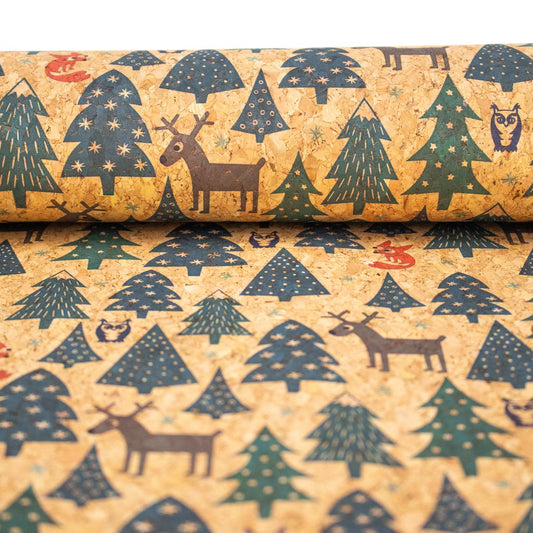Collection de tissus à motifs d'arbre de Noël en liège naturel, de renard, d'élan et de hibou COF-324