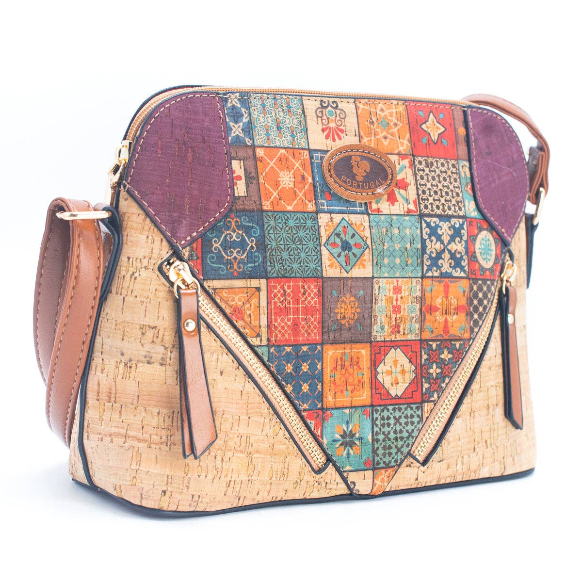 Cork Lady's Crossbody Bag w/ Stylish Floral Print & Diagonal Zipper Accents | THE CORK COLLECTION