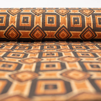Natural cork Fabric patterned with ethnic orange and brown designs COF-203