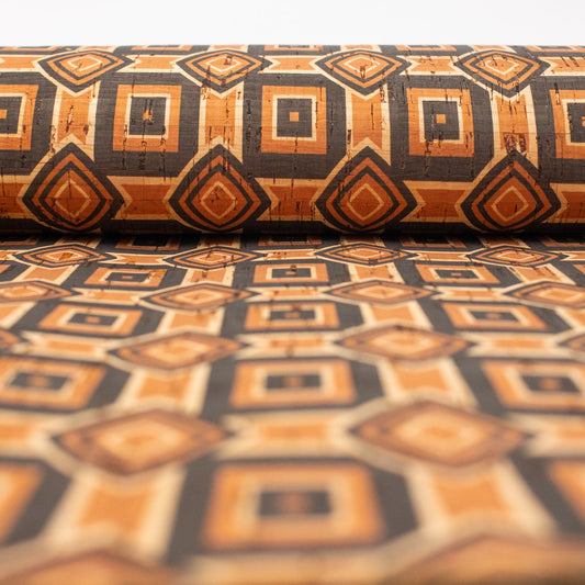 Natural Cork Fabric Patterned w/ Ethnic Orange & Brown Designs COF-203