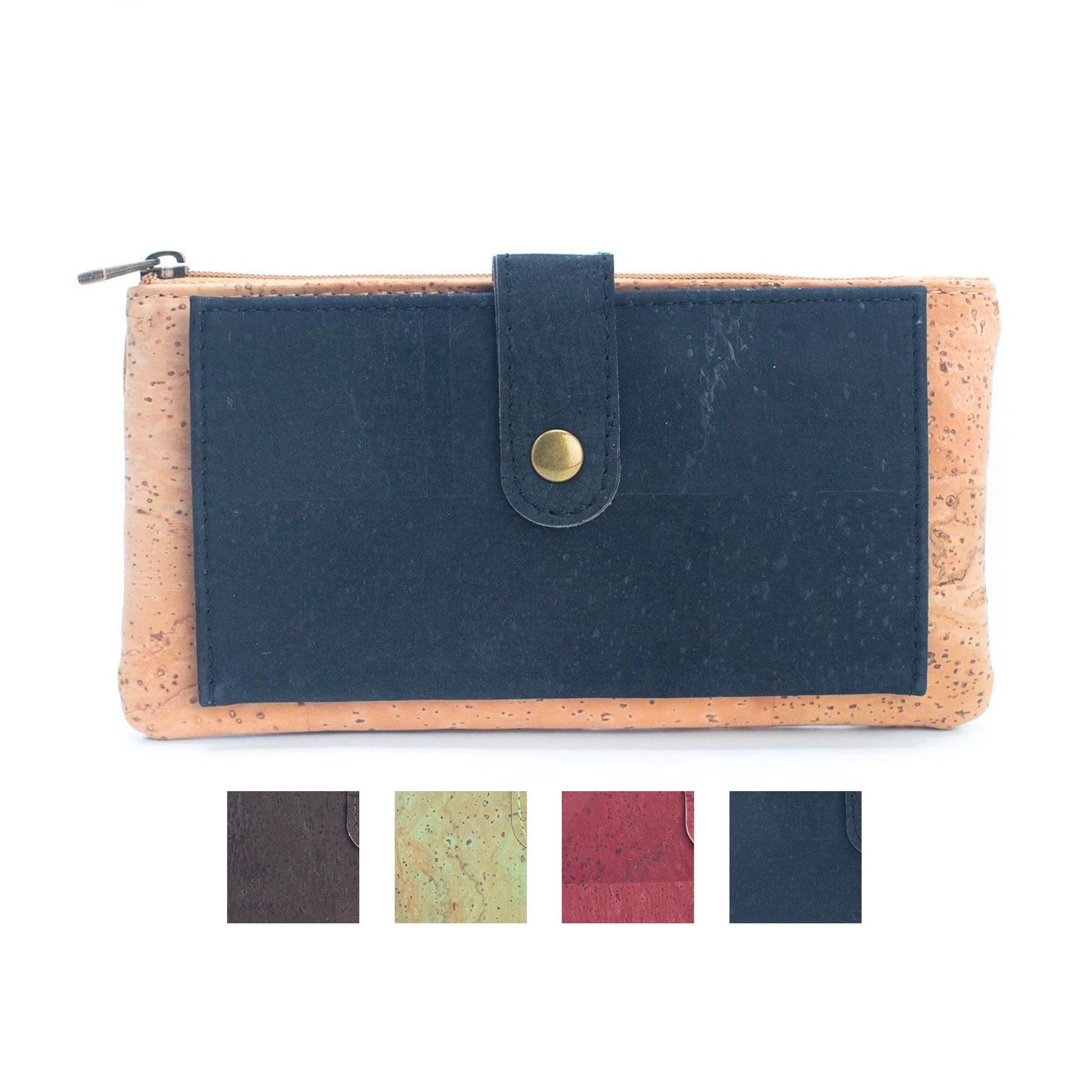 Colorful Slim Snap Closure Long Card Wallet Black, Green, Red & Brown | THE CORK COLLECTION