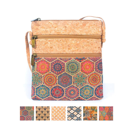 Natural Cork w/ Patterned Double Zipper Crossbody Bag | THE CORK COLLECTION