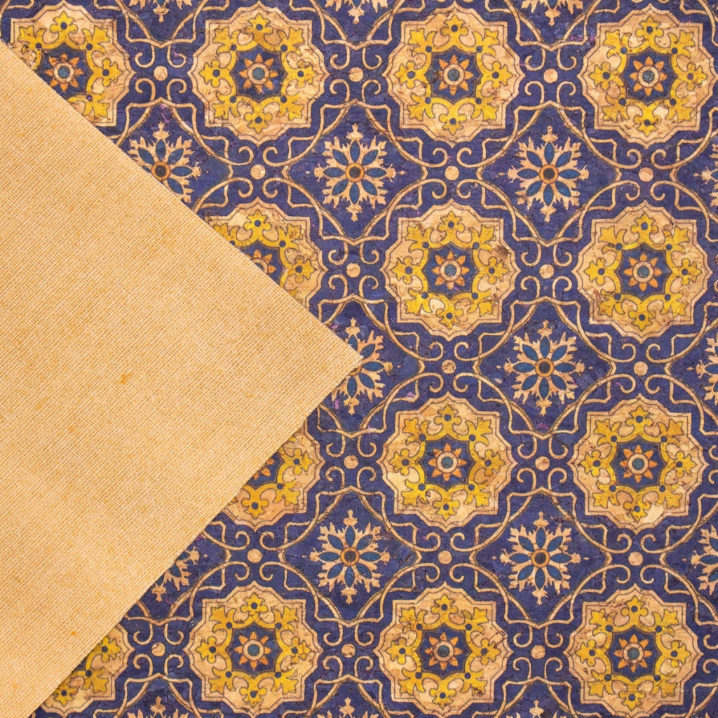 Blue Tile Azuleijo Style Pattern Natural Cork Fabric Cof-402