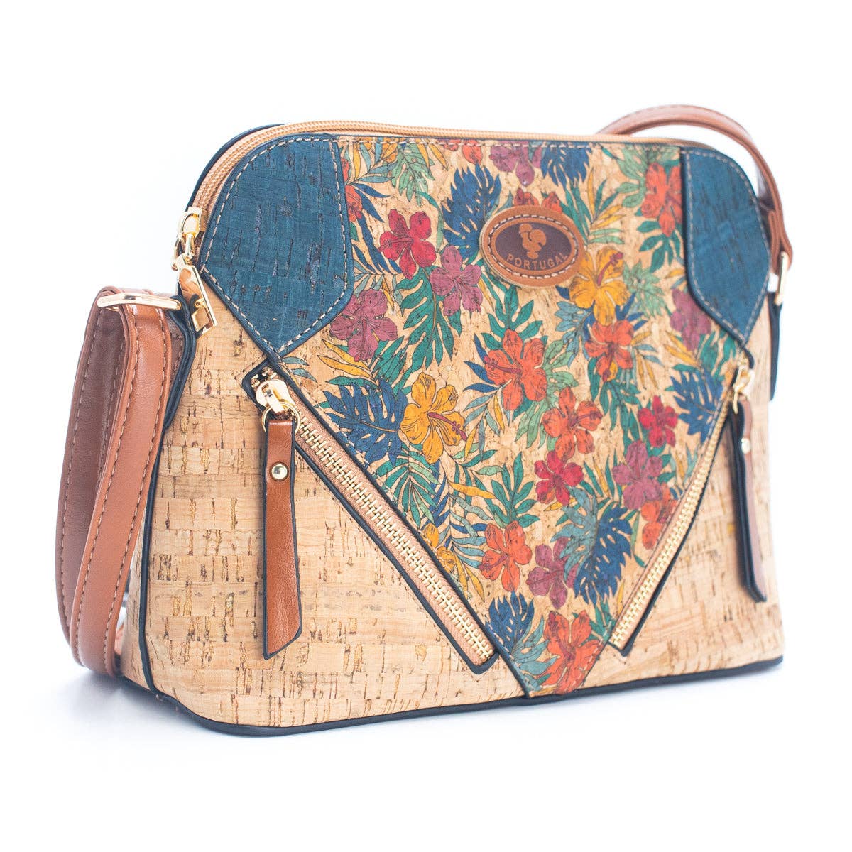 Cork Lady's Crossbody Bag w/ Stylish Floral Print & Diagonal Zipper Accents | THE CORK COLLECTION