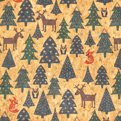 Natural Cork Christmas Tree, Fox, Elk & Owl Pattern Fabric Collection COF-324