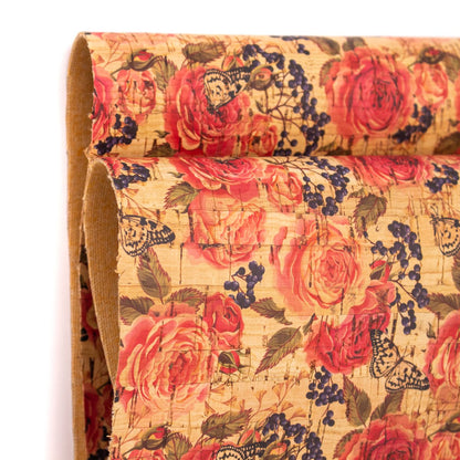 Red big rose pattern cork leather fabric COF-264