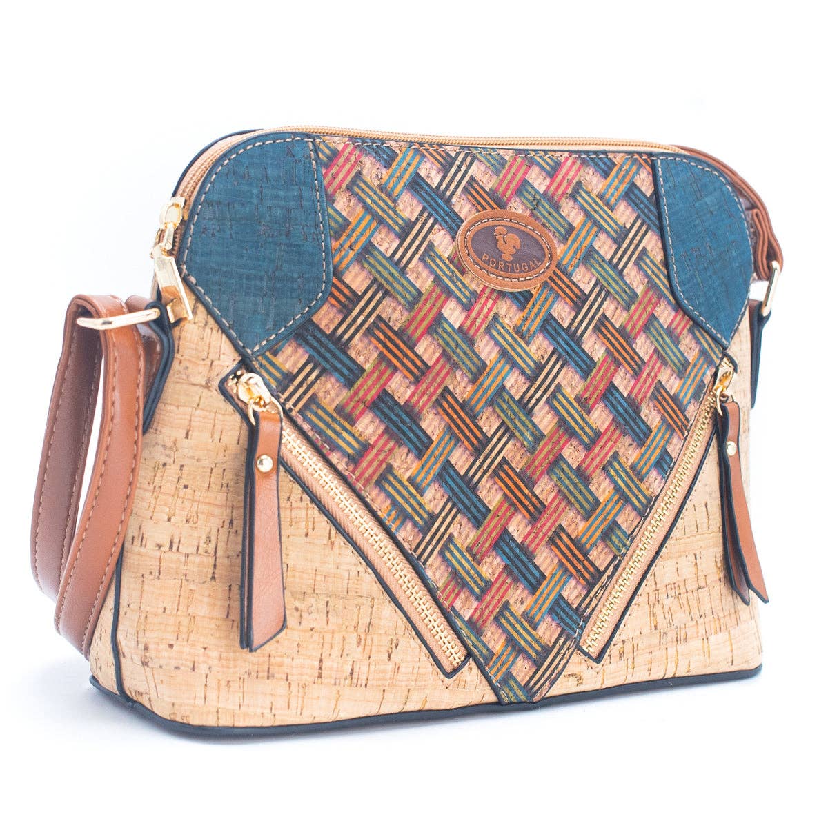 Cork Lady's Crossbody Bag w/ Stylish Floral Print & Diagonal Zipper Accents | THE CORK COLLECTION