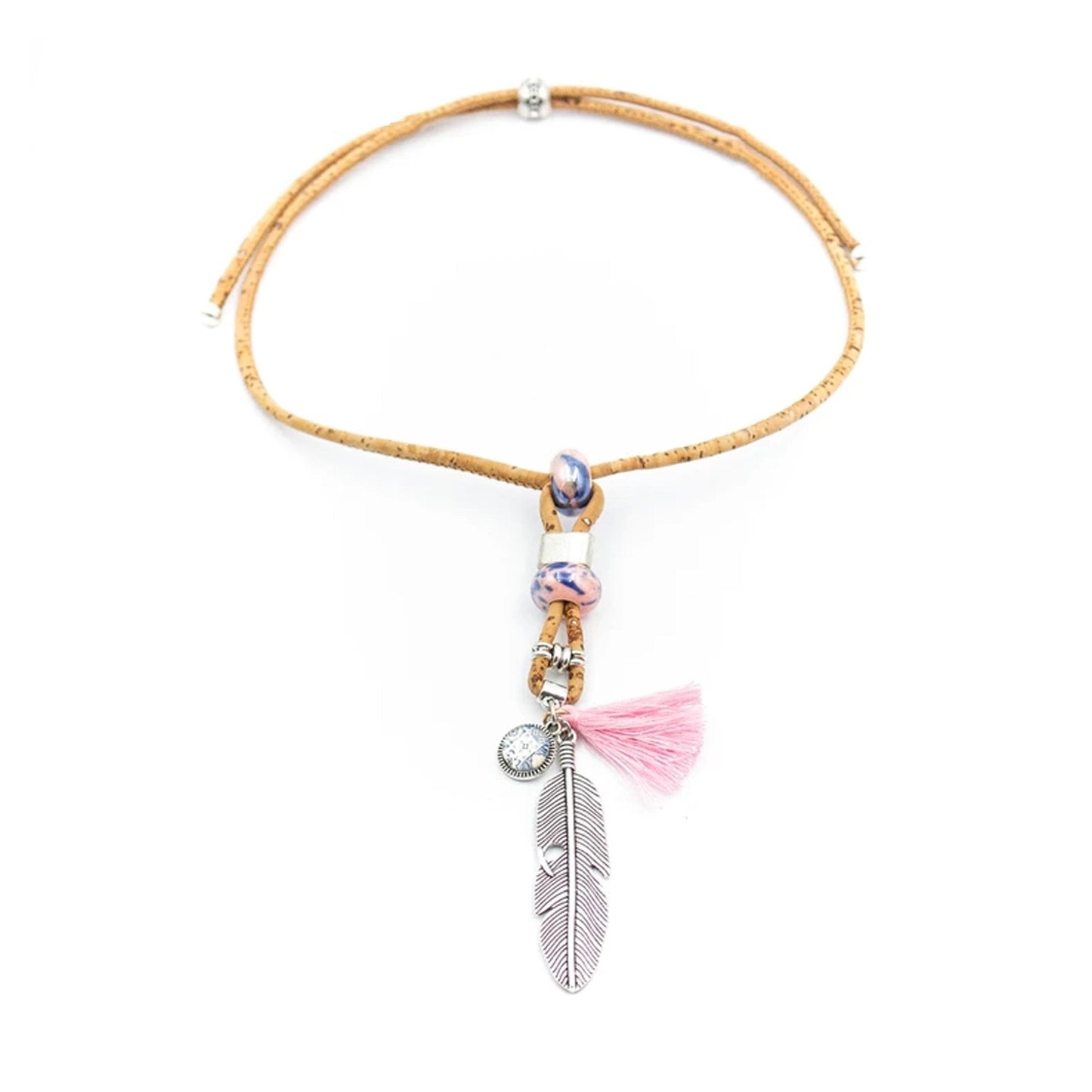 Vegan Women's Necklace - Pink Tassel Antique Feather Handmade Wooden Necklace N-142