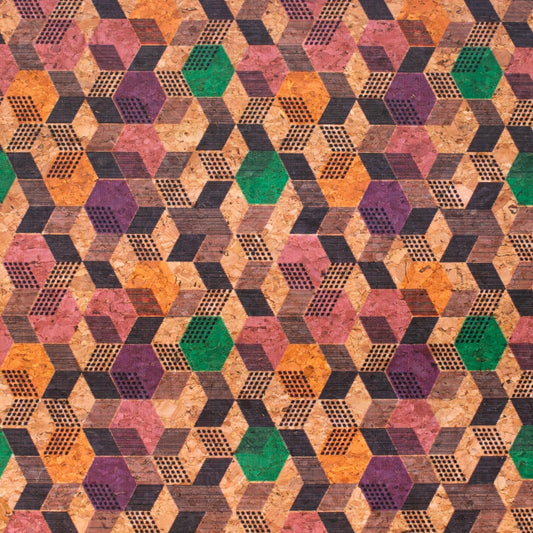 Geometric Cubes Print On Natural Cork Material Cof-472 Cork Fabric