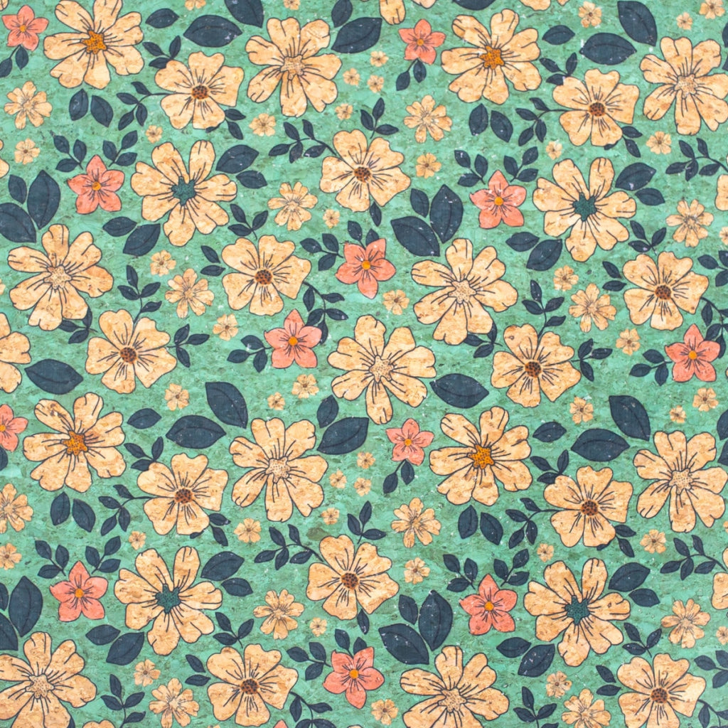Green Flowers Pattern Cork Fabric-Cof-335-B Cork Fabric