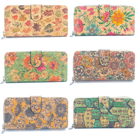 6 Natural Cork Wallets w/ Floral Patterns (6 Units Pack) HY-033-MIX-6
