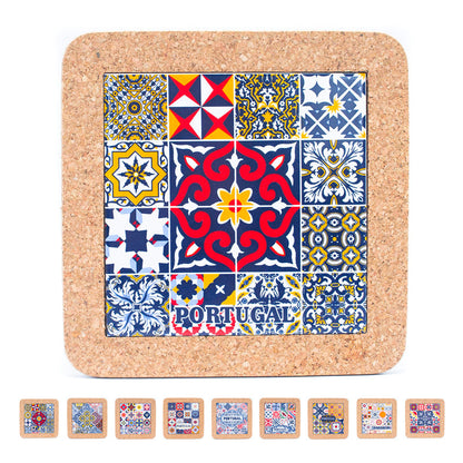 5 Units Cork w/ Ceramic Ethnic Portuguese Azulejo Coasters | THE CORK COLLECTION