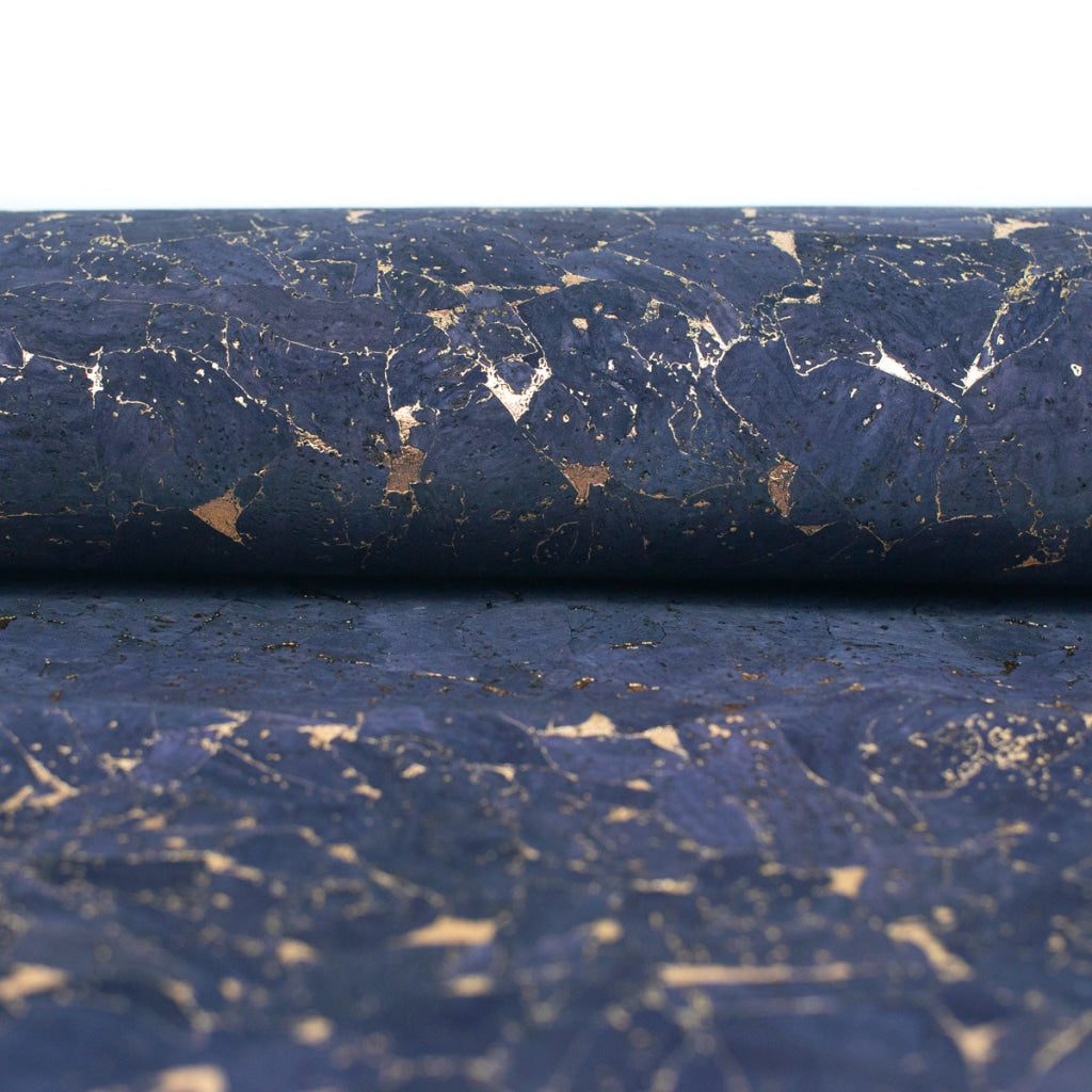 Natural Cork Material In Blue With Gold Accents Cof-227 Cork Fabric