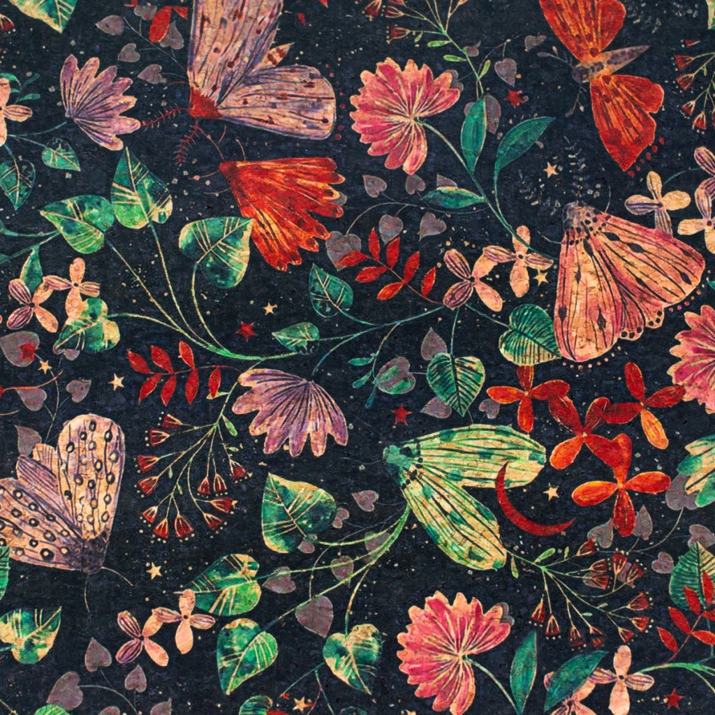 Naturally Cork Fabric With Butterfly And Floral Patterns On Black Background Cof-313-A Cork Fabric