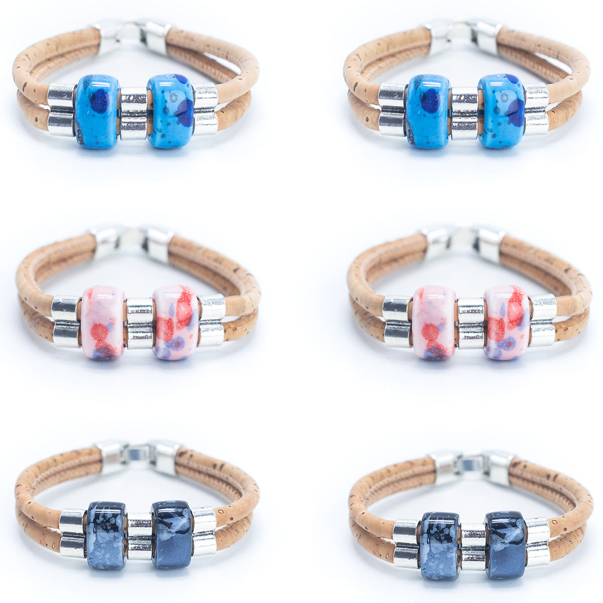 Bracelet en liège réglable fait à la main avec perles en céramique BR-106-MIX-6
