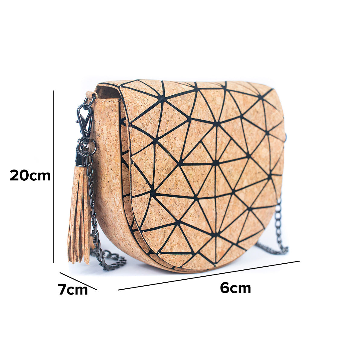 Geometric Patterned Cork Crossbody Bag w/ Irregular Half-Moon Shape & Tassel Detailing | THE CORK COLLECTION